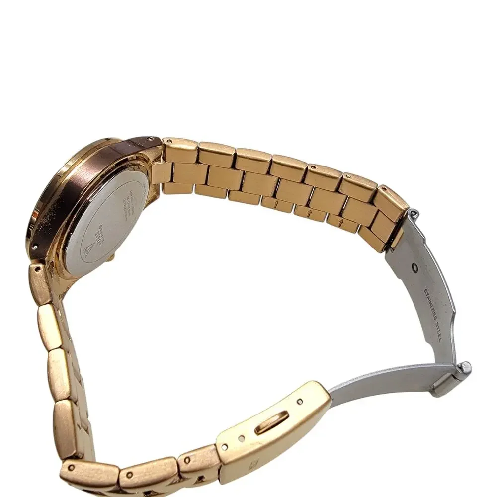 Guess Waterpro Womens Watch Rose Gold Tone Baguette Crystal Bezel Day Date